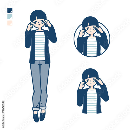 ひとつ結びヘアーの女性が泣いているイラスト