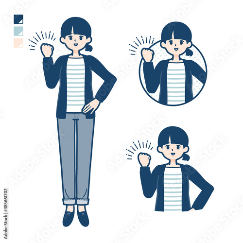 ひとつ結びヘアーの女性がガッツポーズをしているイラスト