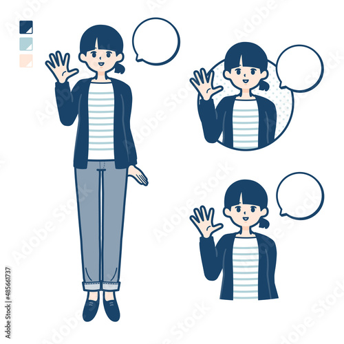 ひとつ結びヘアーの女性が挨拶をしているイラスト