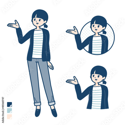 ひとつ結びヘアーの女性が解説しているイラスト