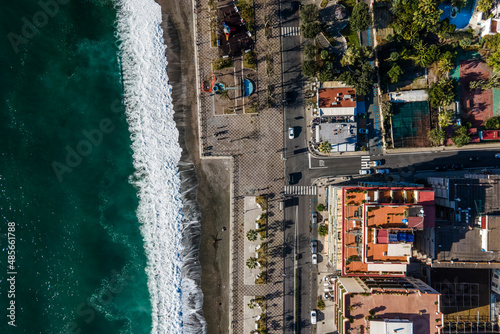 Aerial view of Maiori little town promenade facing the Mediterranean sea, Amalfi coast, Salerno, Italy. photo