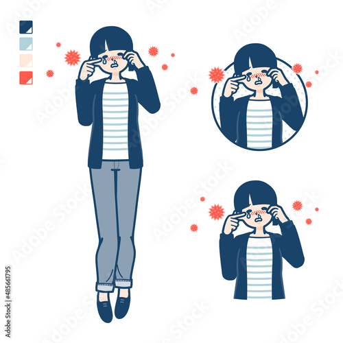 ひとつ結びヘアーの女性が花粉アレルギーに苦しんでいるイラスト
