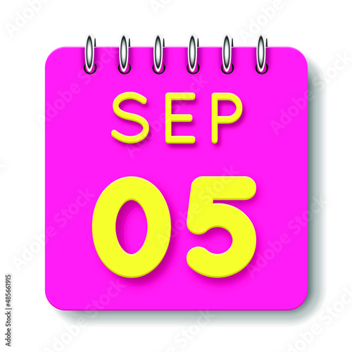 05 day of the month. September. Cute calendar daily icon. Date day week Sunday, Monday, Tuesday, Wednesday, Thursday, Friday, Saturday. Neon yellow. Pink Paper. White background.