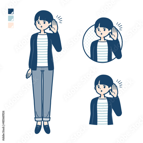 ひとつ結びヘアーの女性が聞き耳をたてているイラスト