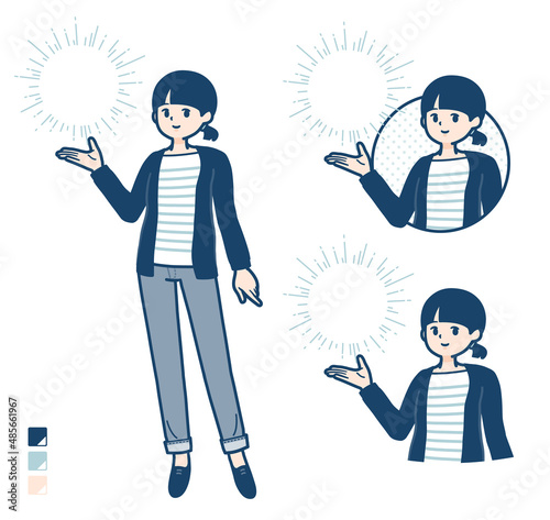 ひとつ結びヘアーの女性が光を操っているイラスト