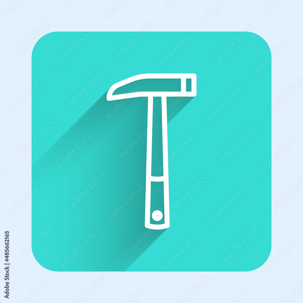 White line Firefighter axe icon isolated with long shadow background. Fire axe. Green square button. Vector White line Firefighter axe icon isolated with long shadow background. Fire axe. Green square button. Vector