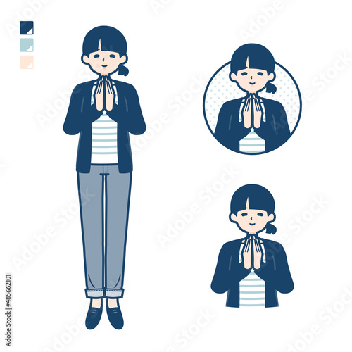 ひとつ結びヘアーの女性が合掌しているイラスト