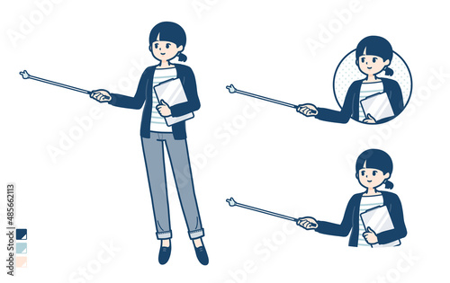 ひとつ結びヘアーの女性が指示棒で解説しているイラスト
