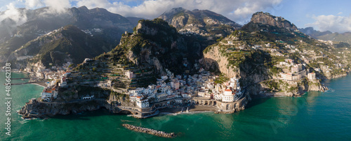 Panoramic aerial view of Atrani, a small town along the Amalfi coast facing the Mediterranean sea, Salerno, Italy. photo