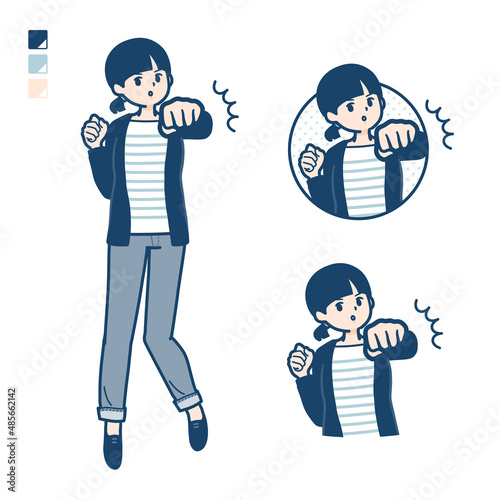 ひとつ結びヘアーの女性が正面にパンチしているイラスト
