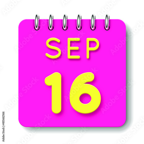 16 day of the month. September. Cute calendar daily icon. Date day week Sunday, Monday, Tuesday, Wednesday, Thursday, Friday, Saturday. Neon yellow. Pink Paper. White background.