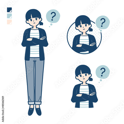 ひとつ結びヘアーの女性が疑問を感じているイラスト