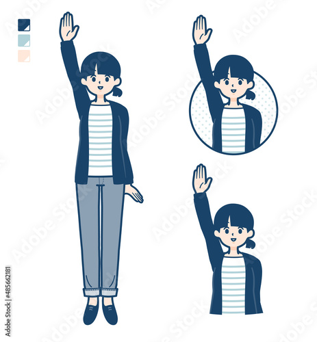 ひとつ結びヘアーの女性が手を挙げているイラスト