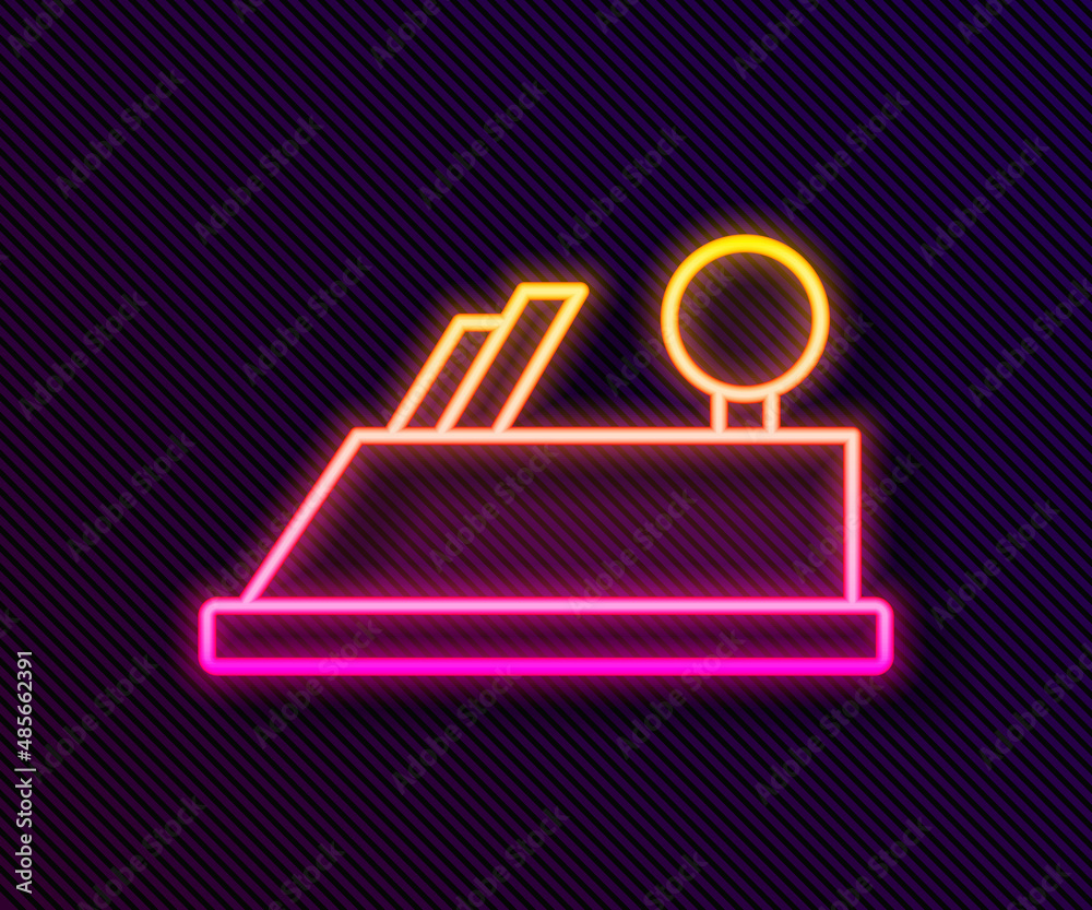 Glowing neon line Wood plane tool for woodworker hand crafted icon isolated on black background. Jointer plane. Vector Glowing neon line Wood plane tool for woodworker hand crafted icon isolated on black background. Jointer plane. Vector