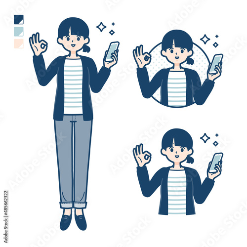 ひとつ結びヘアーの女性がスマートフォンを持ちOKサインをしているイラスト