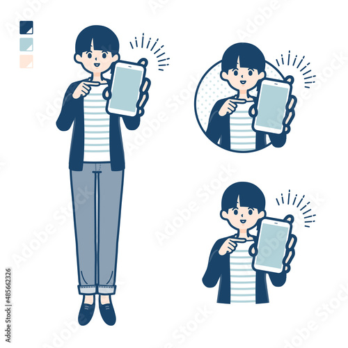 ひとつ結びヘアーの女性がスマートフォンを差し出しているイラスト