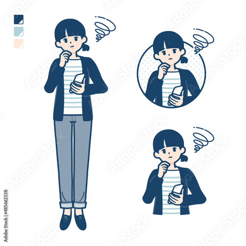 ひとつ結びヘアーの女性がスマートフォンを持ち困っているイラスト