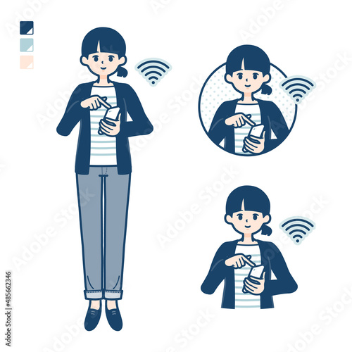 ひとつ結びヘアーの女性がスマートフォンを操作しているイラスト