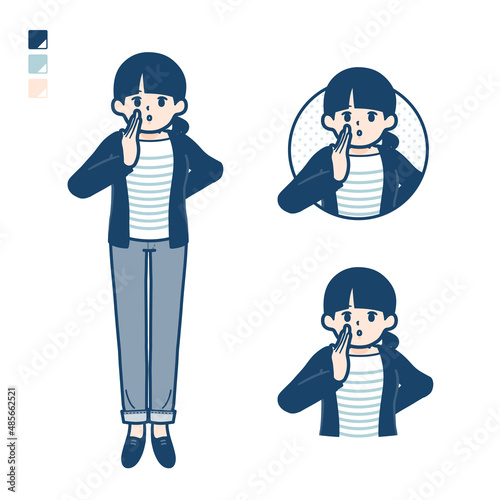 ひとつ結びヘアーの女性が小声でささやいているイラスト