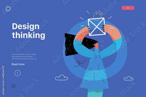 Startup illustration, website landing template Flat line vector modern concept illustration, startup metaphor. Concept of building new business, strategy, company processes. Design thinking