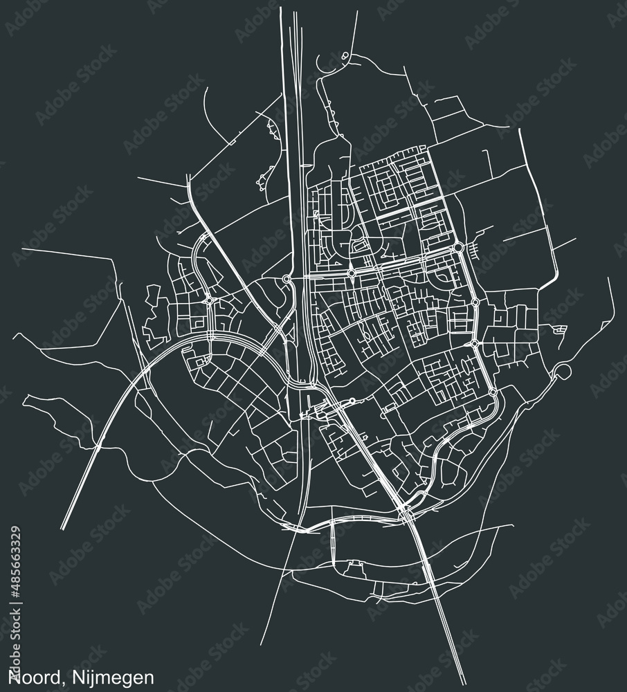 Detailed negative navigation white lines urban street roads map of the NIJMEGEN-NOORD DISTRICT of the Dutch regional capital city Nijmegen, Netherlands on dark gray background