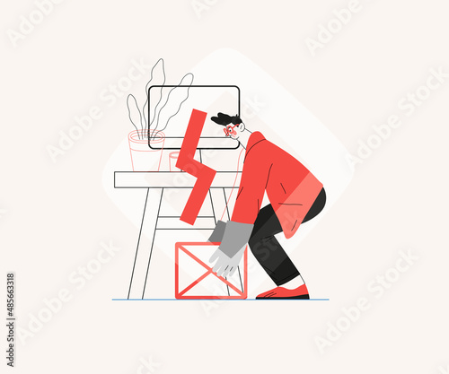 Startup illustration. Flat line vector modern concept illustration of a young man, startup metaphor. Concept of building new business, planning and strategy, teamwork and management, company processes