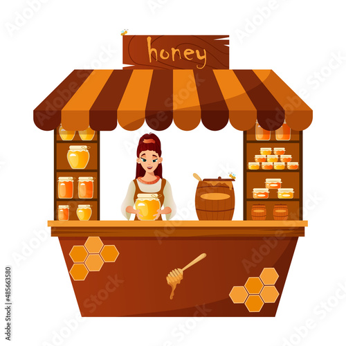 Girl honey farmer sells honey in a stall. Bee honey, sweets.