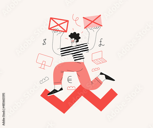 Startup illustration. Flat line vector modern concept illustration of a young man, startup metaphor. Concept of building new business, planning and strategy, teamwork and management, company processes photo