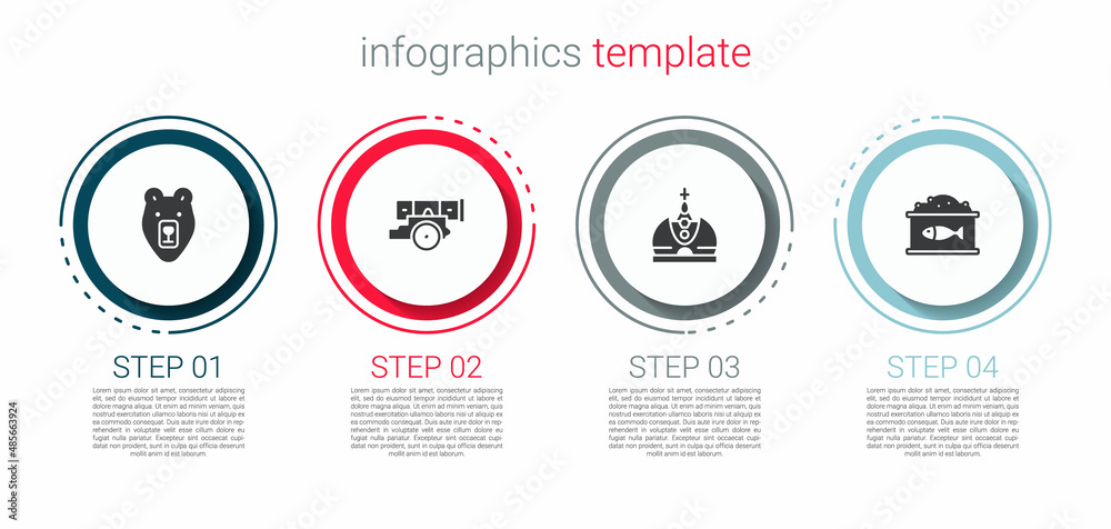 Set Bear head, Cannon, King crown and Tin can with caviar. Business infographic template. Vector Set Bear head, Cannon, King crown and Tin can with caviar. Business infographic template. Vector