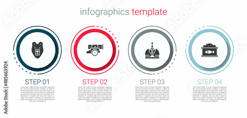 Set Bear head, Cannon, King crown and Tin can with caviar. Business infographic template. Vector