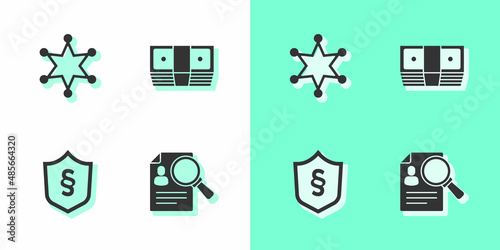 Set Paper analysis magnifying, Hexagram sheriff, Justice law shield and Bribe money cash icon. Vector