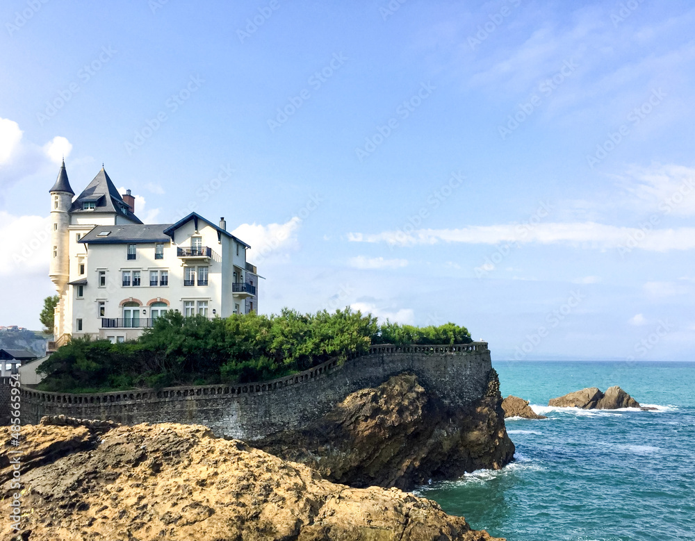 Biarritz coastal line view from Atlantic Ocean. Villa Belza. Basque Country. France. Rocky cliffs. French Basque Country 