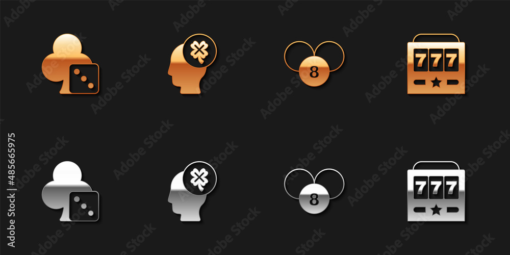 Set Game dice, Casino slot machine with clover, Lottery ball on bingo card and Slot jackpot icon. Vector