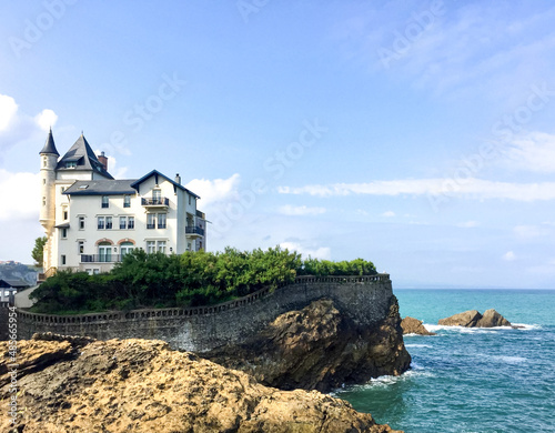 Biarritz coastal line view from Atlantic Ocean. Villa Belza. Basque Country. France. Rocky cliffs. French Basque Country 