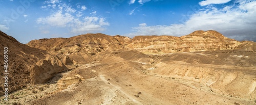 Panoramic aerial view of mountain in a desert landscape, Mizpe Ramon, Negev, Israel.