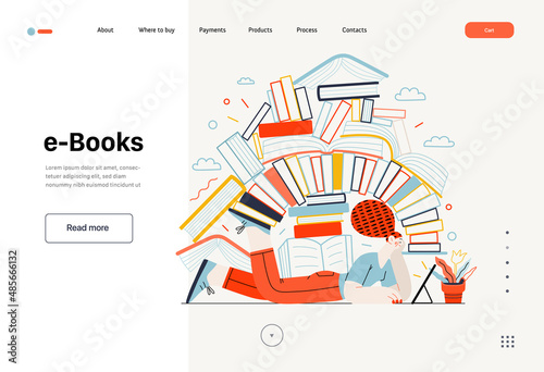 Technology Memphis - ebooks -modern flat vector concept digital illustration of a woman reading an electronic book containing a stack of printed books, metaphor. Creative landing web page template photo