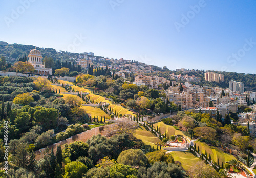 Aerial view of Bahai gardens along the side of mt. Carmel and the Haifa, Israel.