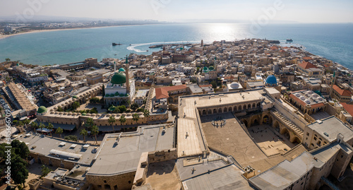 Aerial view of The Hospitaller Fortress, the Al-Jazzar Mosque and the rest of the old city, Old City of Acre, Israel.