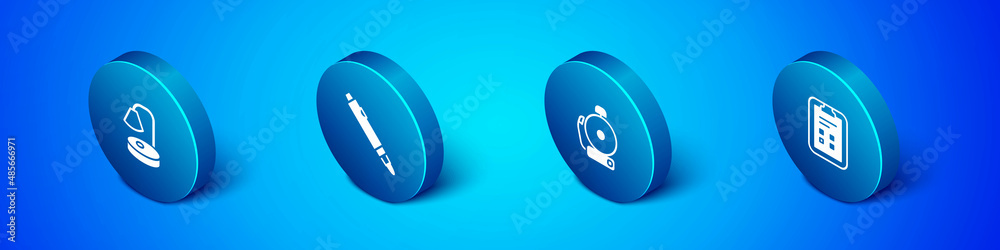 Set Isometric Table lamp, Ringing alarm bell, Exam sheet with check mark and Marker pen icon. Vector Set Isometric Table lamp, Ringing alarm bell, Exam sheet with check mark and Marker pen icon. Vector