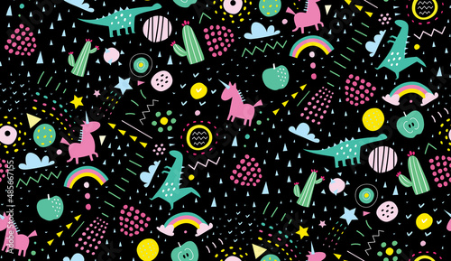 Abstract shapes of unicorns, dinosaurs and rainbows for modern kids design. Simple shapes for children, seamless pattern textile print on black, cute mosaic repetitive texture. Vector design for kids.