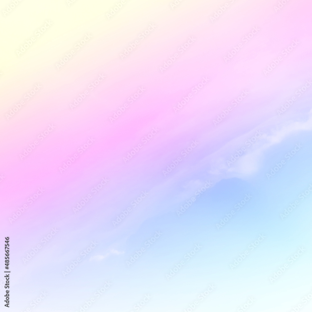 Colorful sky with Soft clouds. Fantasy magical sunny sky pastel background is fluffy white cloud. Freedom wallpaper concept. Sweet color dream.