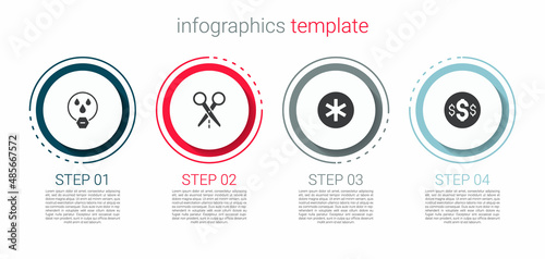Set Water drop forbidden, Scissors with cut line, Medical symbol of the Emergency and Dollar. Business infographic template. Vector