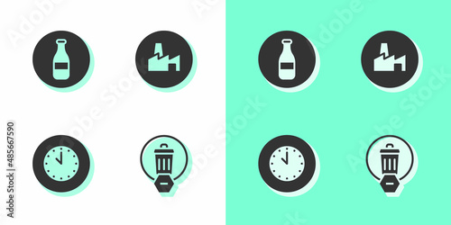 Set Trash can, Bottle, Clock and Factory production icon. Vector