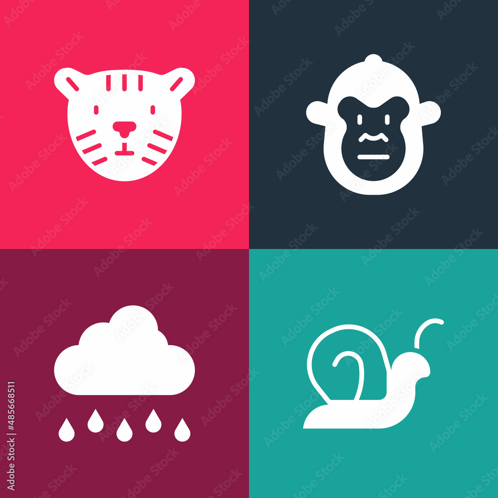 Set pop art Snail, Cloud with rain, Monkey and Tiger head icon. Vector Set pop art Snail, Cloud with rain, Monkey and Tiger head icon. Vector