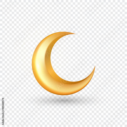 3D golden reflective crescent moons isolated on transparent background. Islamic decorative vector elements for Muslim holidays