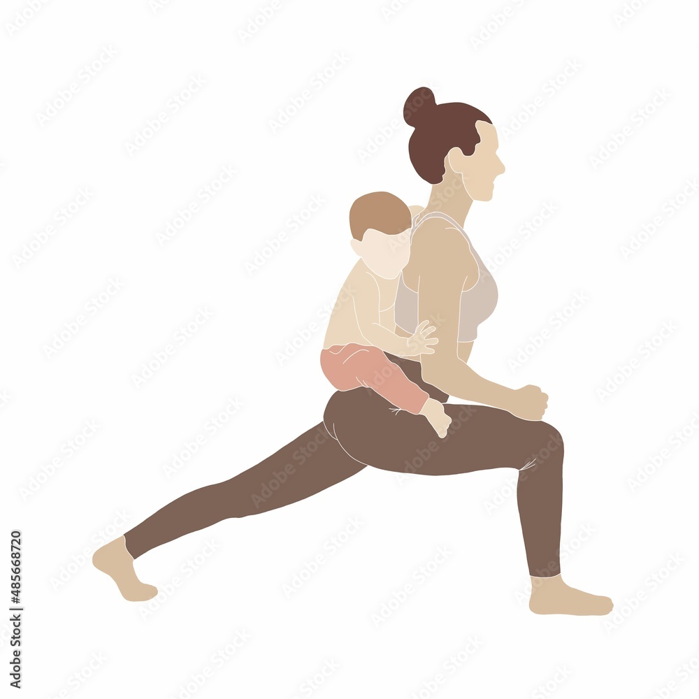 Mother and kid doing physical exercise isolated on white background. Sportswoman engaged in fitness or yoga with baby. Healthy lifestyle 