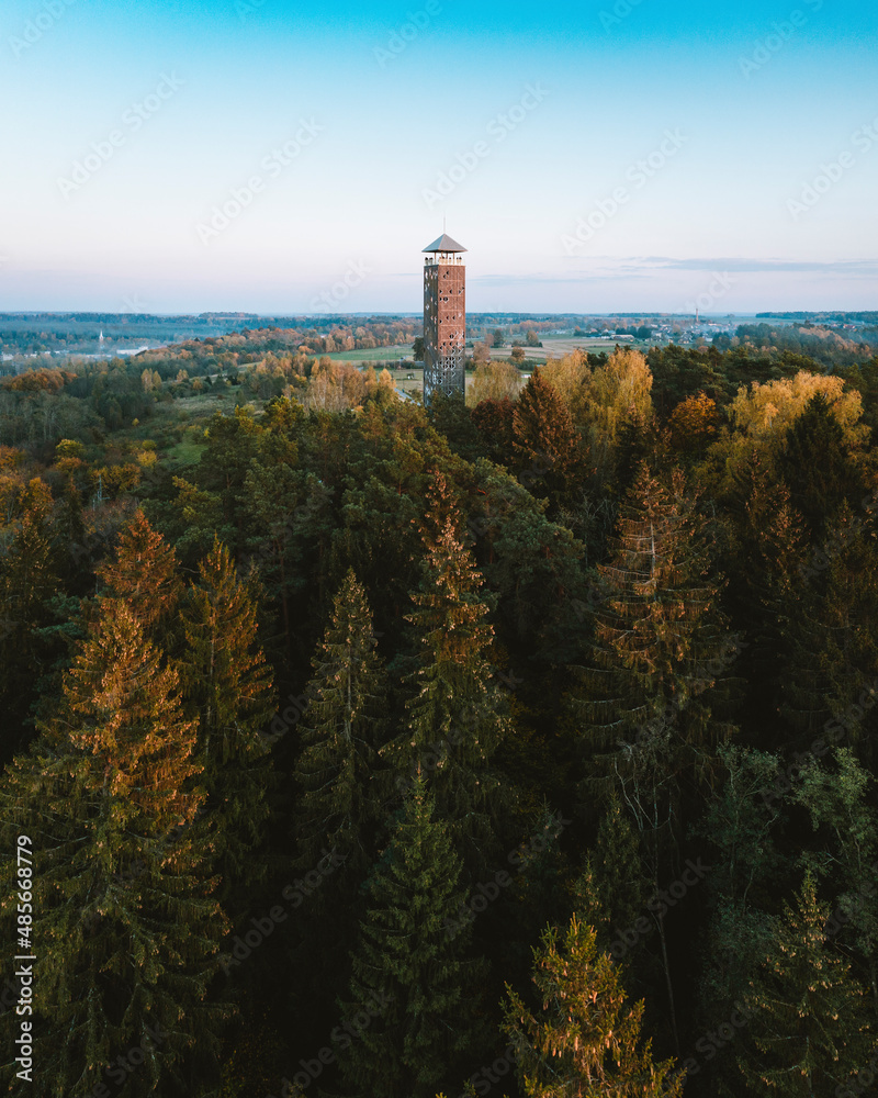 Aerial view of Birstonas observation tower standing on the hill near Neman river in autumn season, Birstonas, Lithuania.
