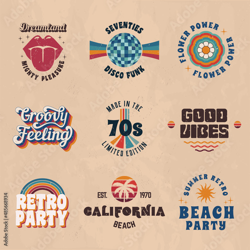 Set of vintage logos. 1960s, 1970s Retro logo designs. 9 Vector retro 70's logos set. Retro prints for T-shirt, typography. Vector illustration