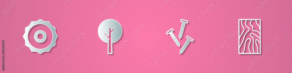 Set paper cut ircular saw blade, Tree, Metallic nails and Wooden beam icon. Paper art style. Vector Set paper cut ircular saw blade, Tree, Metallic nails and Wooden beam icon. Paper art style. Vector