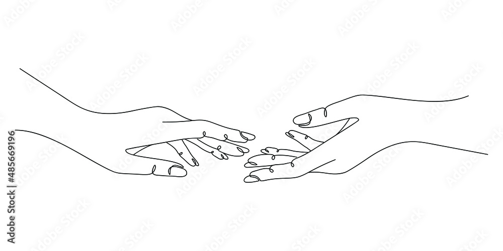 Continuous line drawing of two female hands barely touching each other